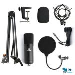 Metal shock mount with mic for noise reduction.