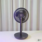 Rechargeable portable stand fan with adjustable height and tilt.