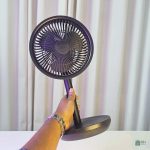 Low-noise rechargeable fan with Eco and Sleep modes.